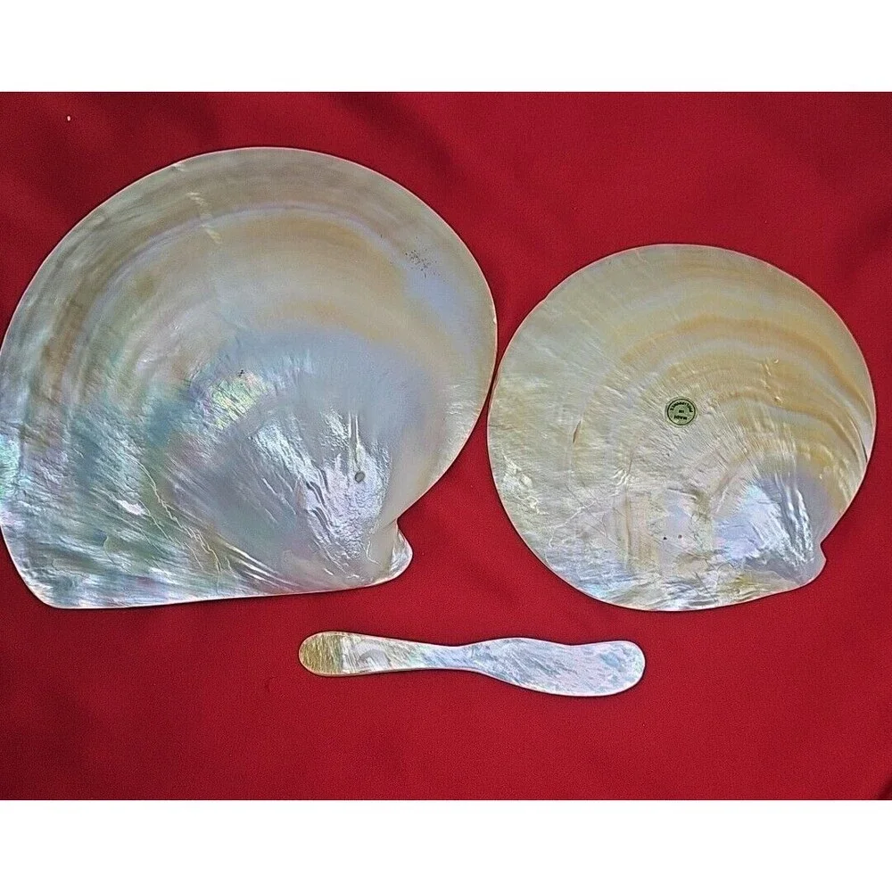Mother of Pearl Caviar Snack Serving Plates & Knife Shell Polished Trinket